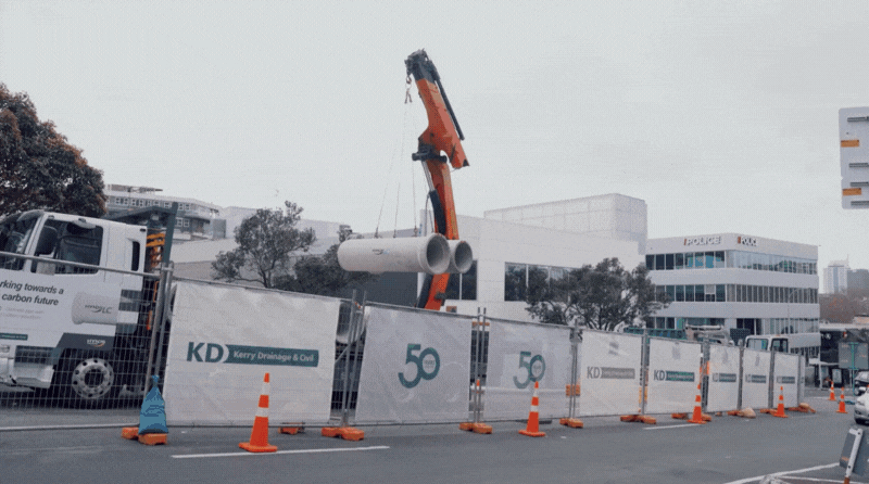 Shots on site of Hynds Low Carbon Pipes installation at college hill stormwater upgrade